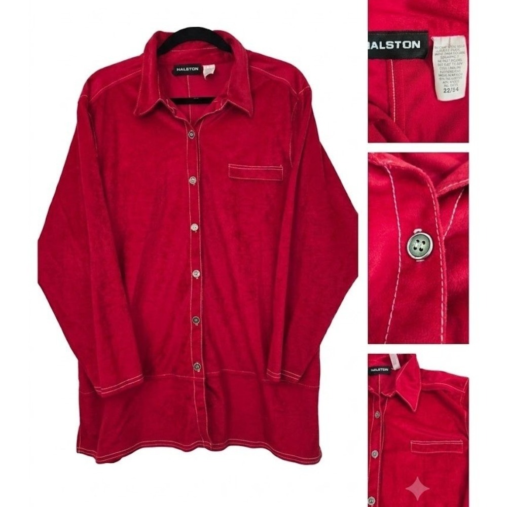 Halston Faux Suede Button Up Shirt Jacket Womens 22 24 Red Contrast Stitch Y2K